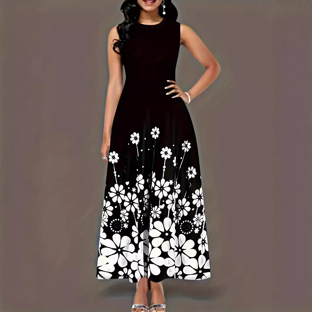 Women's Sleeveless Floral Print Loose Round Neck Casual Dress