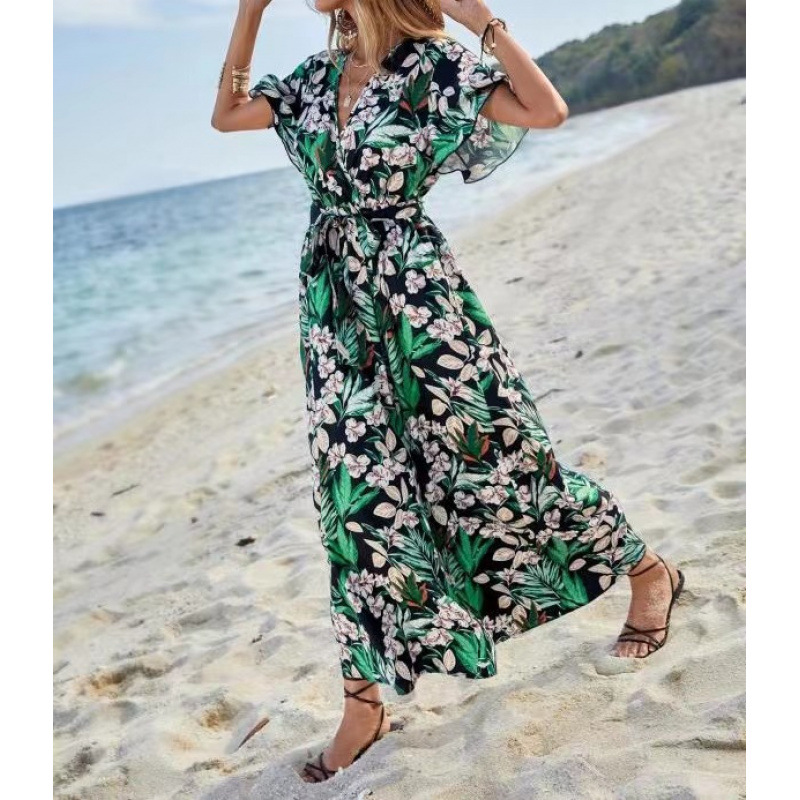 Bohemian Beach Vacation Dress with Chiffon Print