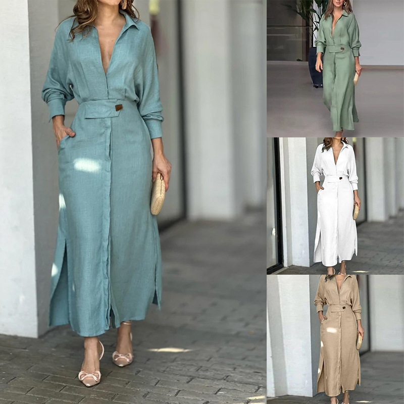 Women's Solid Tie-Waist Long Shirt Dress Commuter