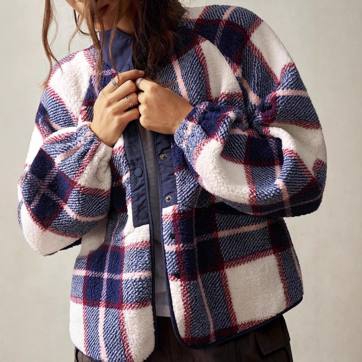Women's Plaid Double-Faced Fleece Long Sleeve Cardigan Jacket