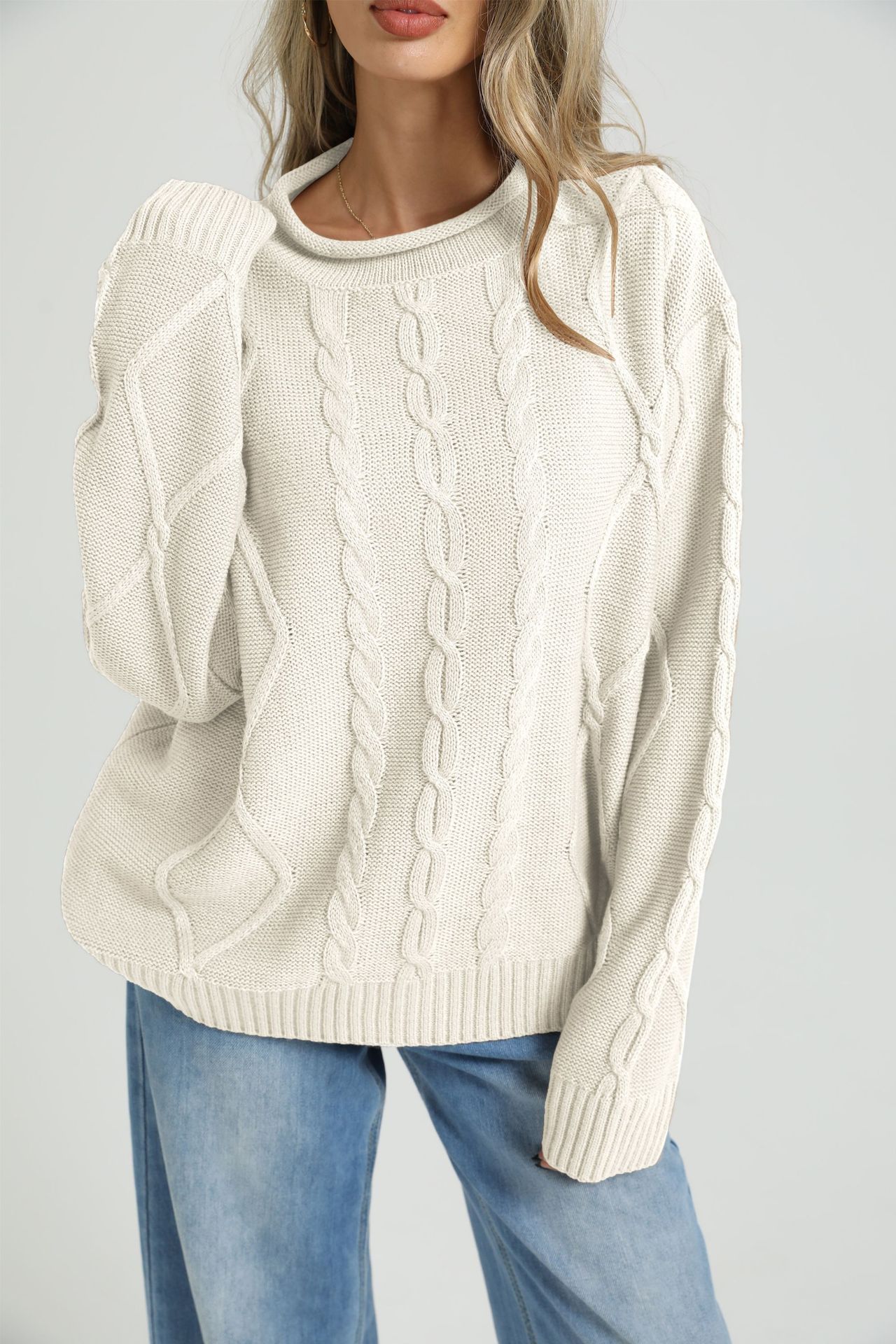 Women's Cable-Knit Crewneck Long-Sleeve Pullover Sweater