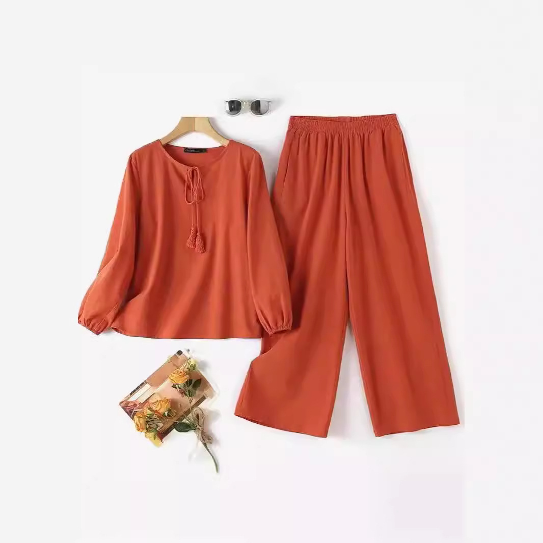 Women's Cotton-Linen Two-Piece Set Solid Color Loose Casual Long Pants