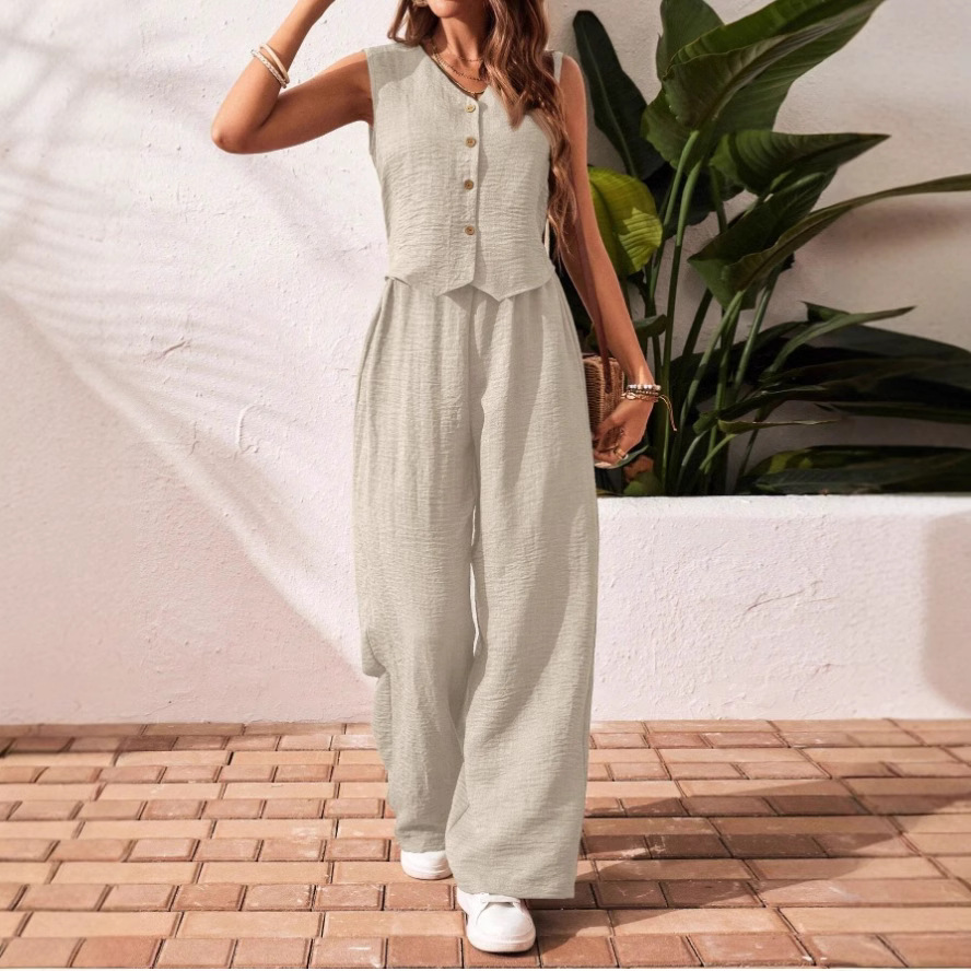 Linen Summer Vest and Pants Set with V-Neck Button-Front Top