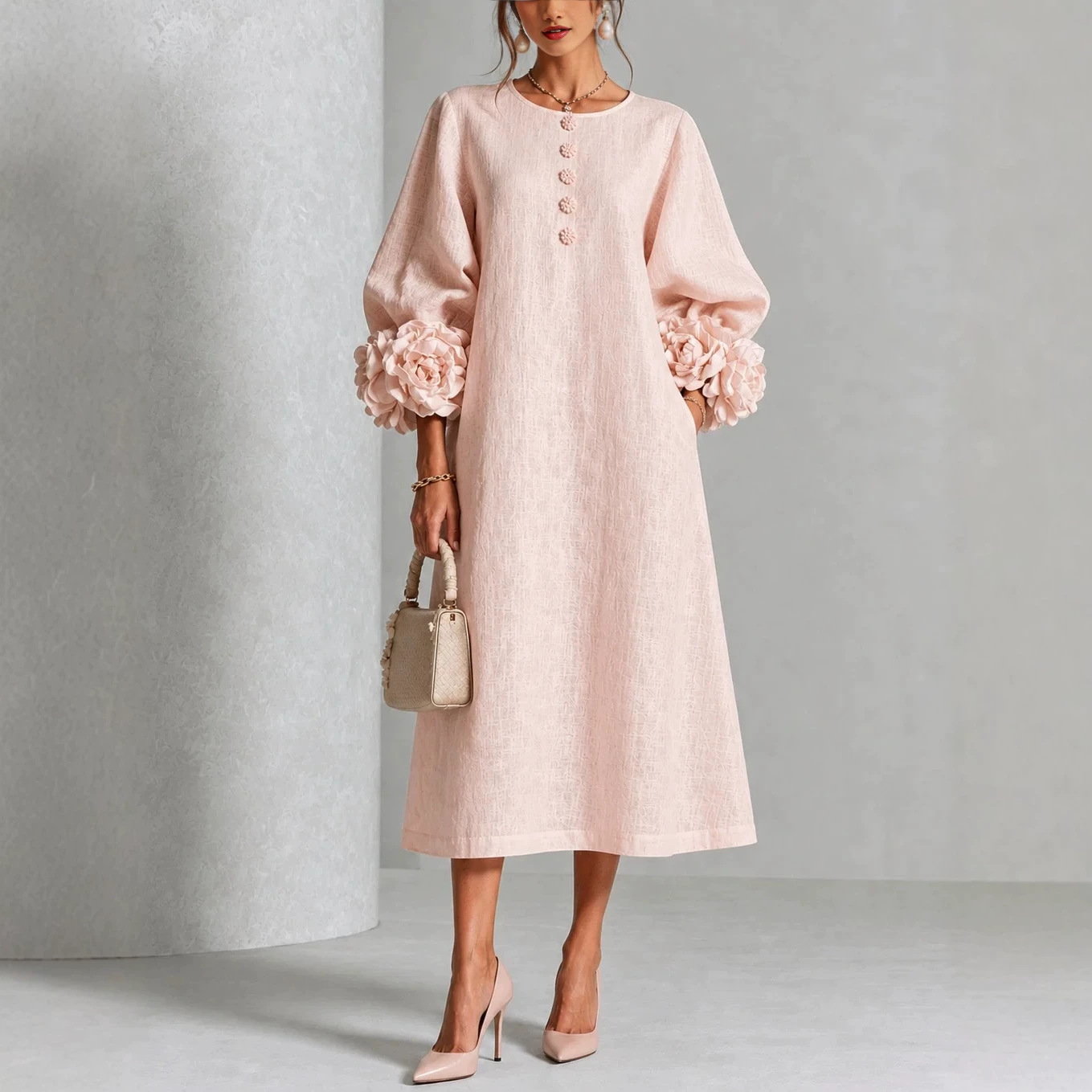 French 3D Floral Lantern Sleeve Midi Dress