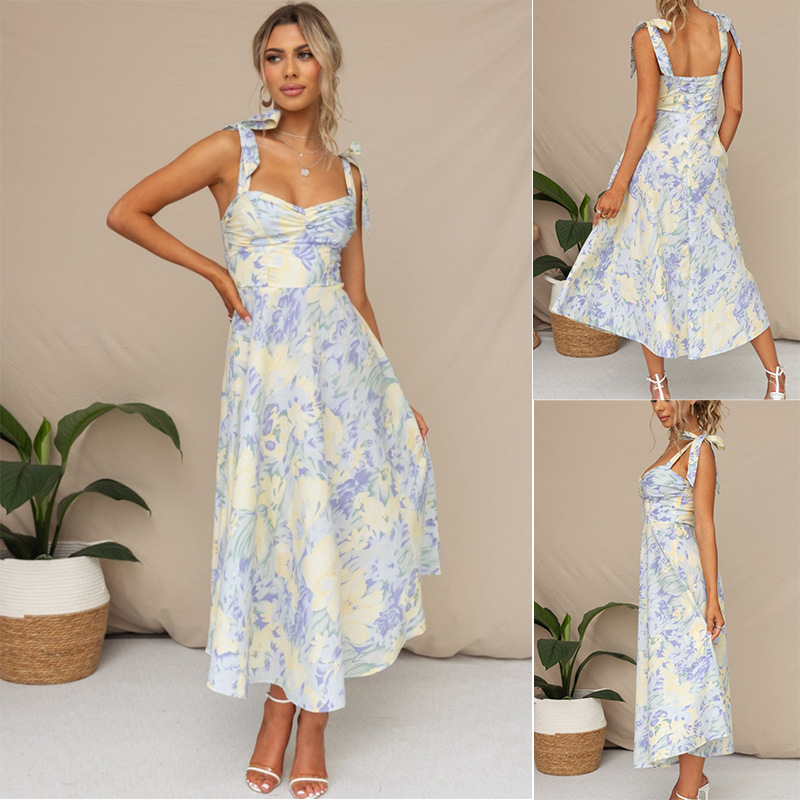 Women's V-Neck Printed Midi Dress with Waist-Cinching Slimming Fit