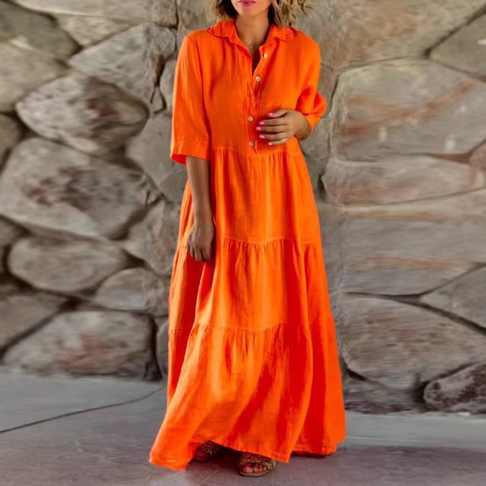 Solid Color Collared Long Sleeve Button Loose Dress