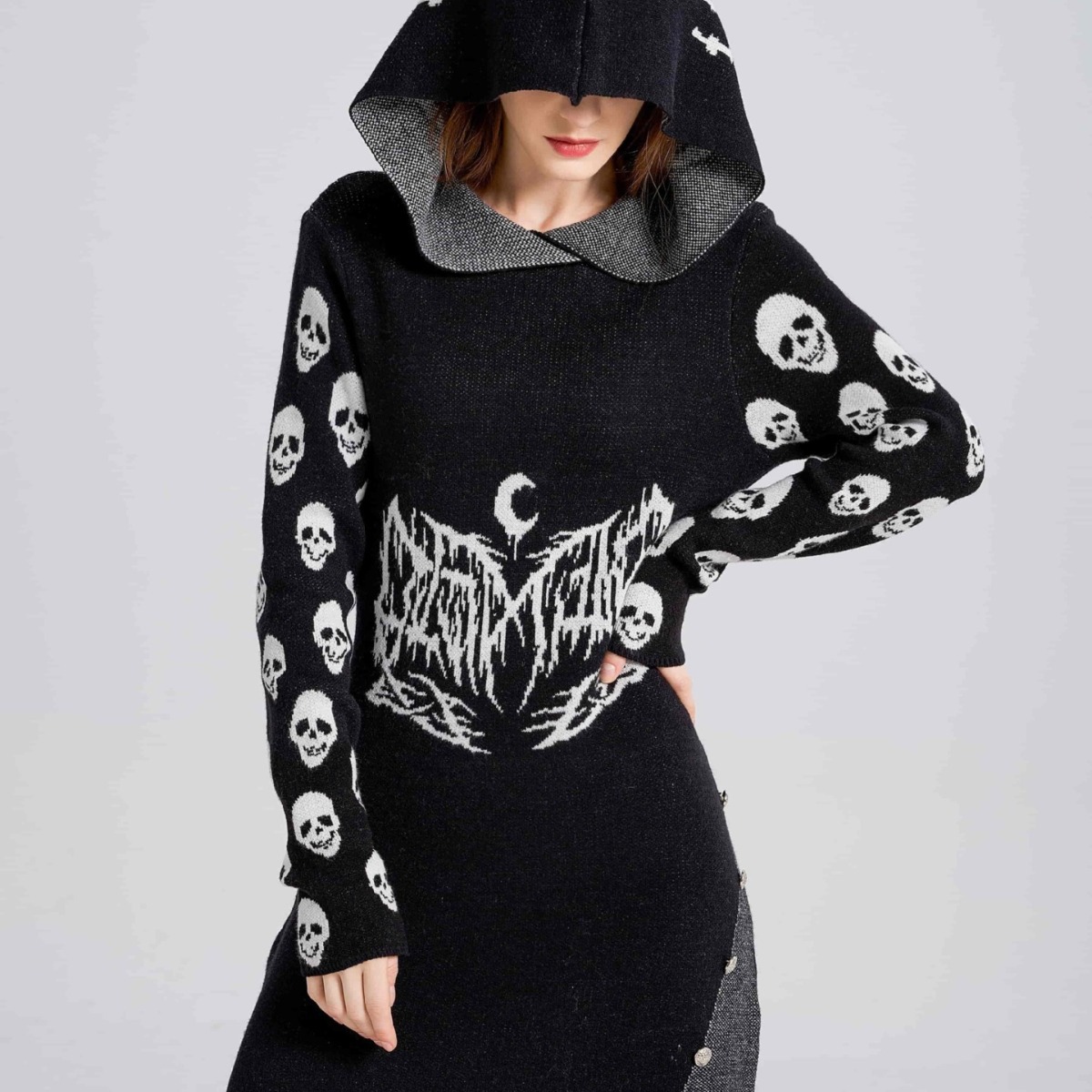 Gothic Hooded Knit Sweater Dress with Skull Pattern, Mid-Length