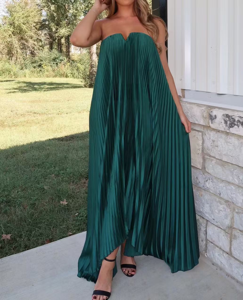 Pink Orange-Red Floral Strapless Pleated Maxi Dress