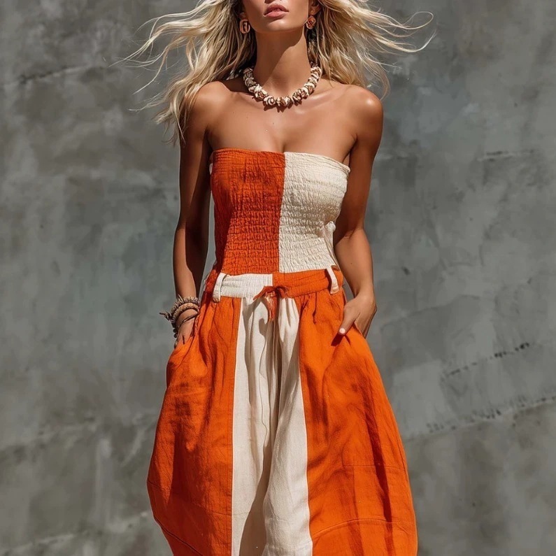 Women's Color-Block Wide-Leg Jumpsuit, Loose Casual Sleeveless