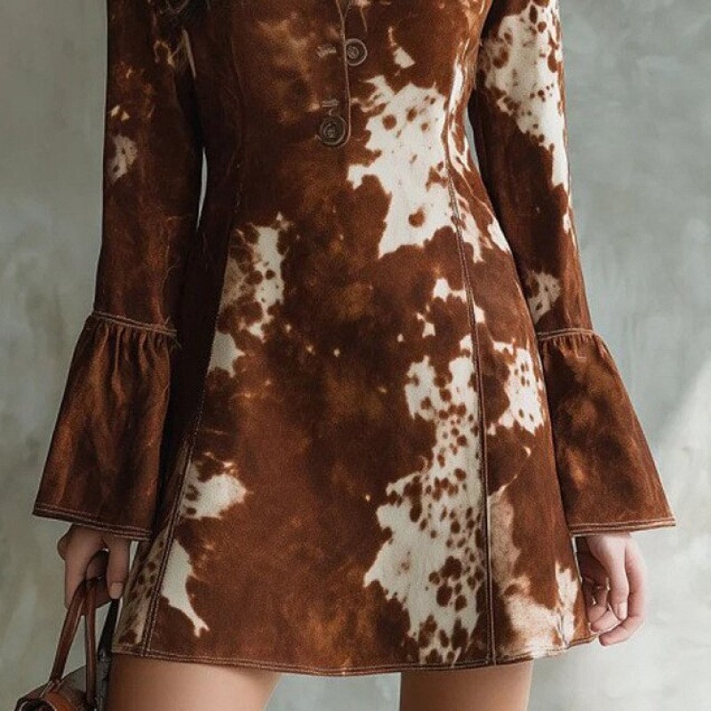 Women's Printed Lapel Long Sleeve Single-Breasted Flare-Sleeve Dress