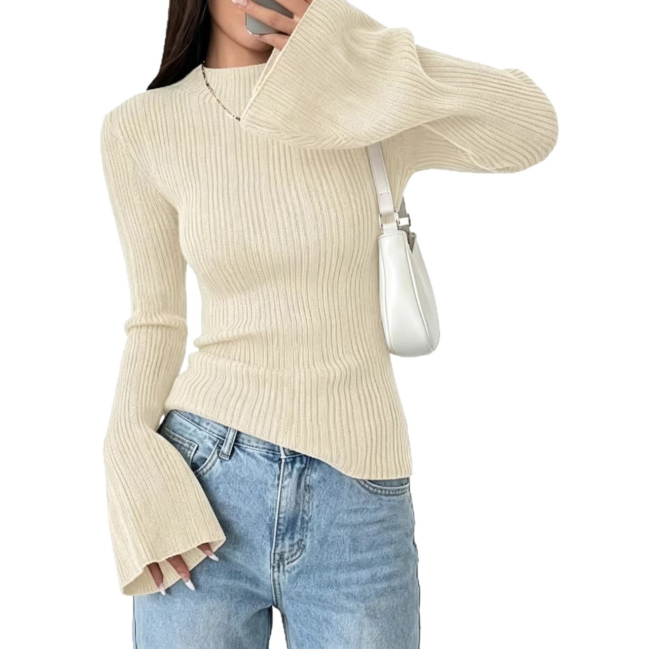 Half Turtleneck Ribbed Flare-Sleeve Knit Top Women Slim Fit Long Sleeve