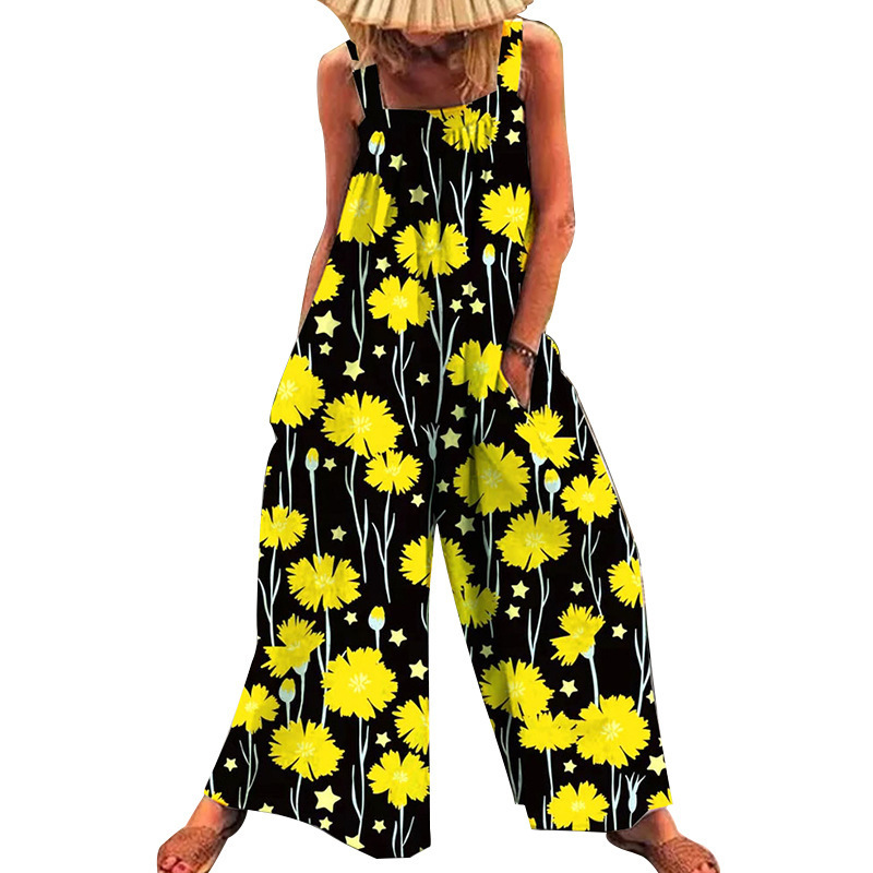 Plus Size Floral Print Loose Wide-Leg Jumpsuit with Straps