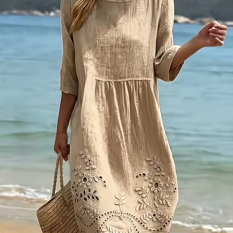 Women's Floral Print Pleated Midi Dress Round Neck Half Sleeve