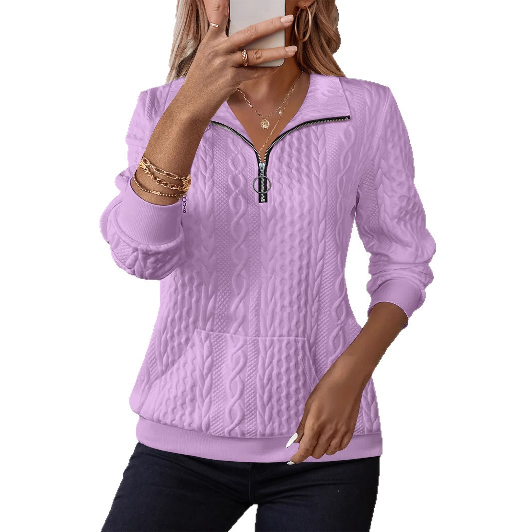 Women's Cable Knit Half-Zip Sweatshirt Collared Long Sleeve Top