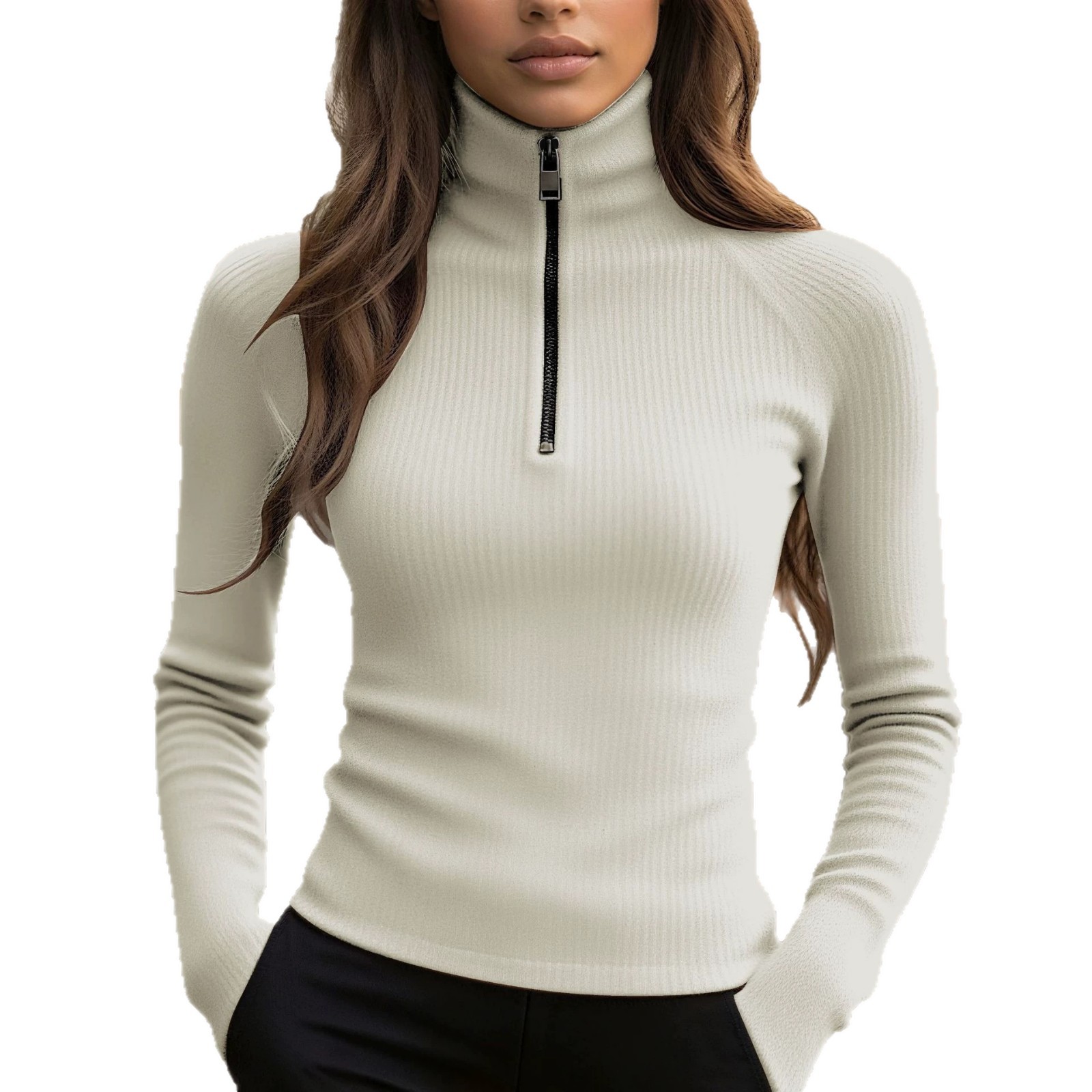 Zip-Up Slim Fit Turtleneck Knit Top