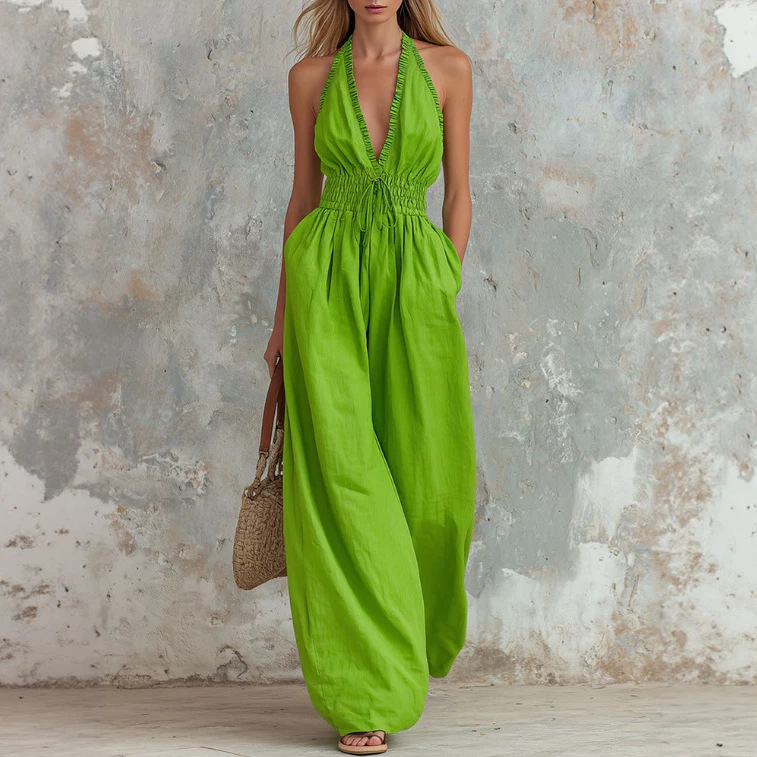 Retro Green Ruffle V-Neck Sleeveless Wide-Leg Jumpsuit