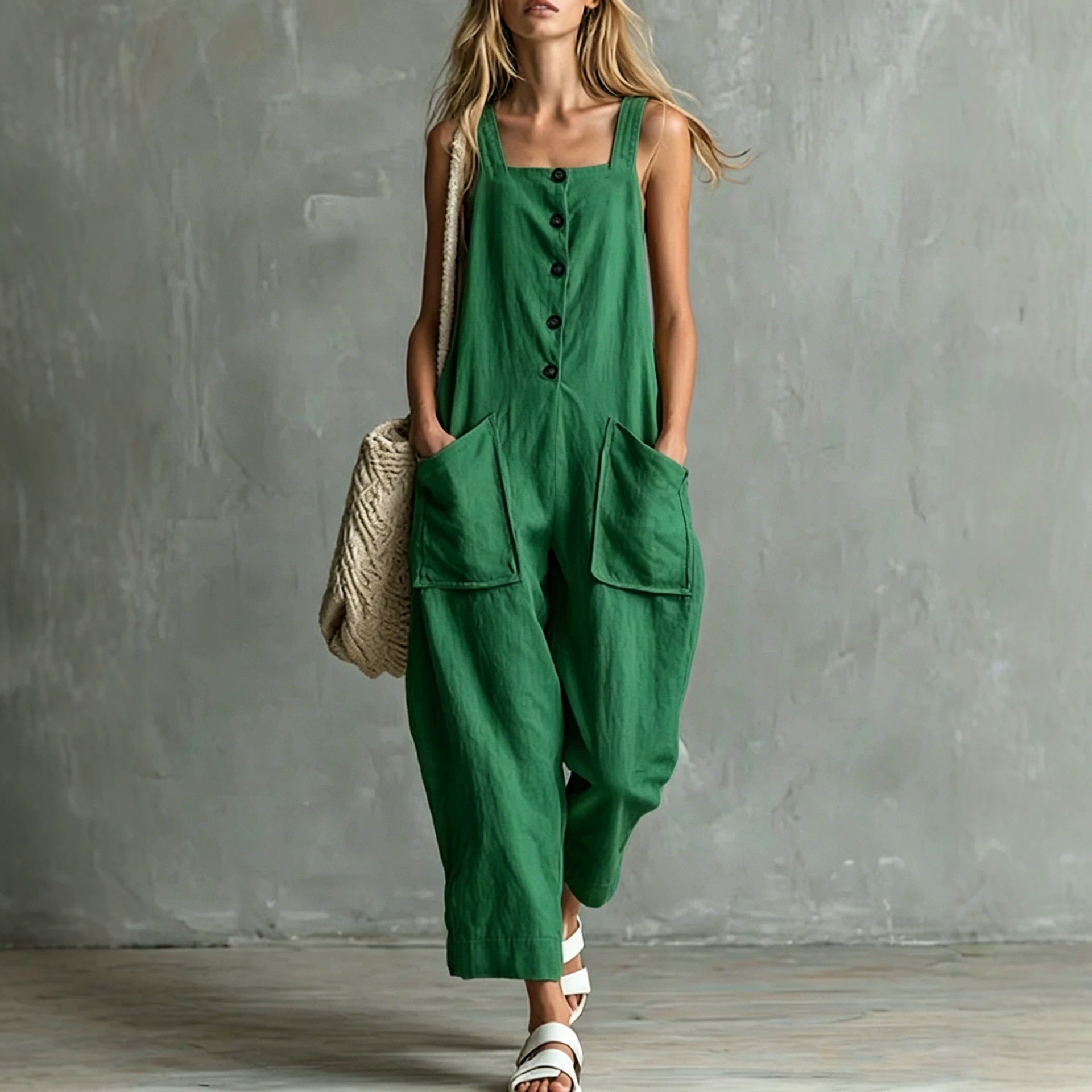 Women's Linen-Blend Wide-Leg Jumpsuit with Pockets