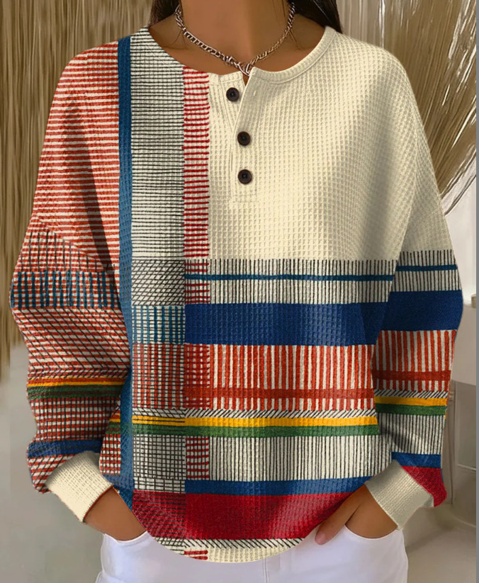 Women's Retro 3D Print Three-Button Stand Collar Polo Sweatshirt