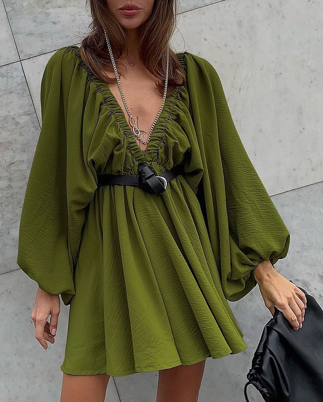Women's Lantern Sleeve V-Neck Midi Dress French Vintage Style