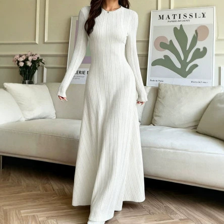 Women's Ribbed Knit Crewneck Long Sleeve Slim Fit A-Line Maxi Dress