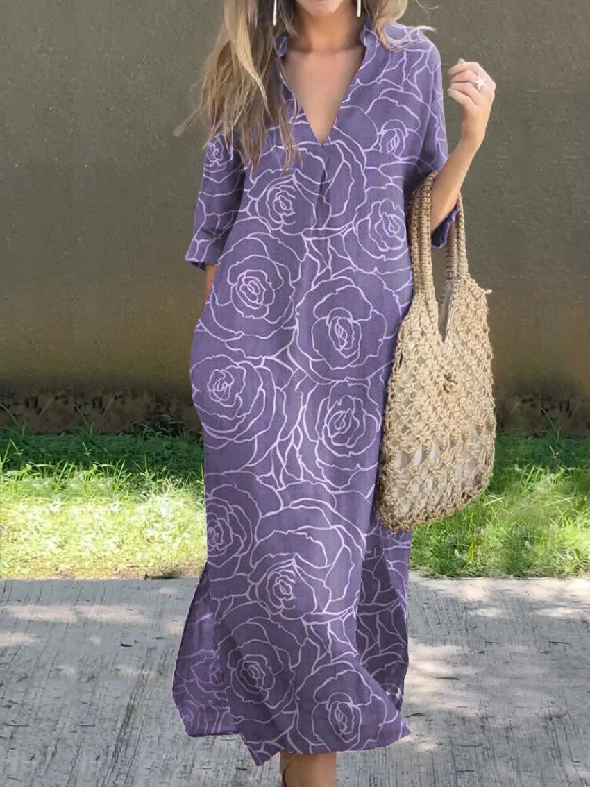 Women's Casual V-Neck Slit Printed Linen-Look Midi Dress