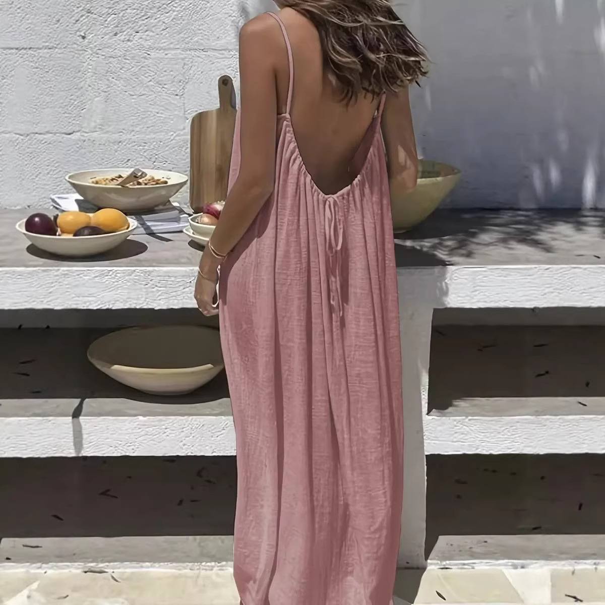 Open-Back Spaghetti Strap Maxi Dress U-Neck Loose Solid Beach Vacation