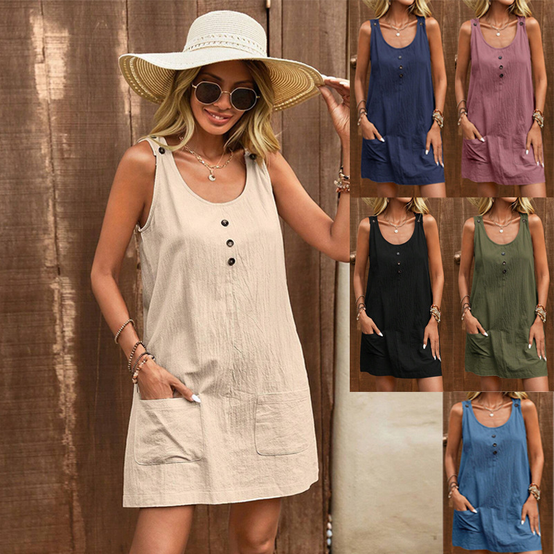 Women's U-Neck Sleeveless Solid Cotton Midi Dress
