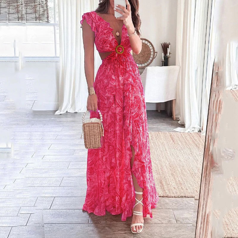 Women's Cutout Waist A-Line Dress Sleeveless V-Neck High Waist Floral Print