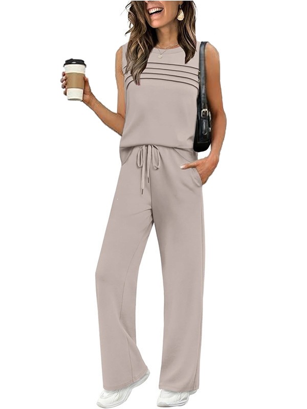 Women's Textured Sleeveless Vest & Wide-Leg Pants Set with Drawstring Pockets
