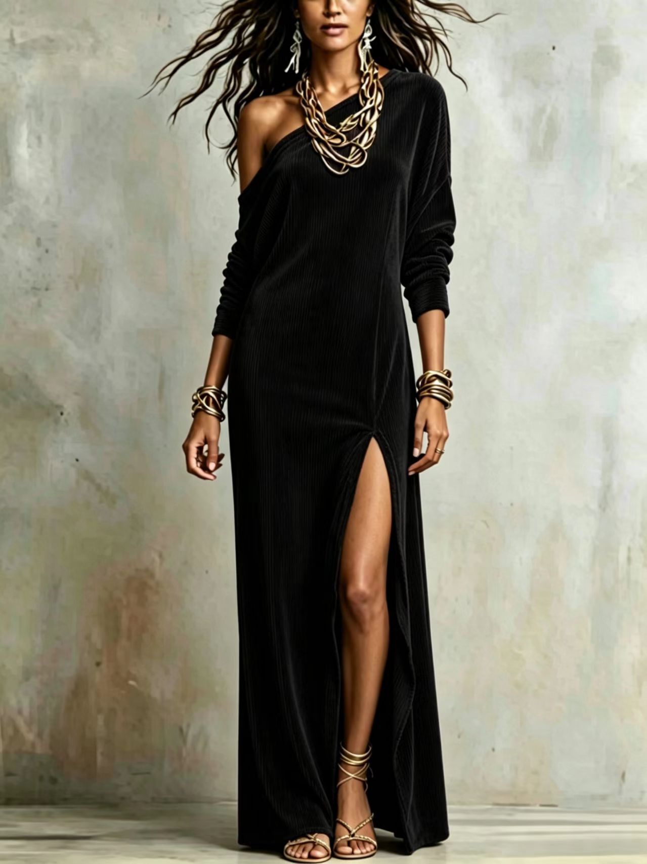 Women's One-Shoulder Corduroy Dress with Side Slit