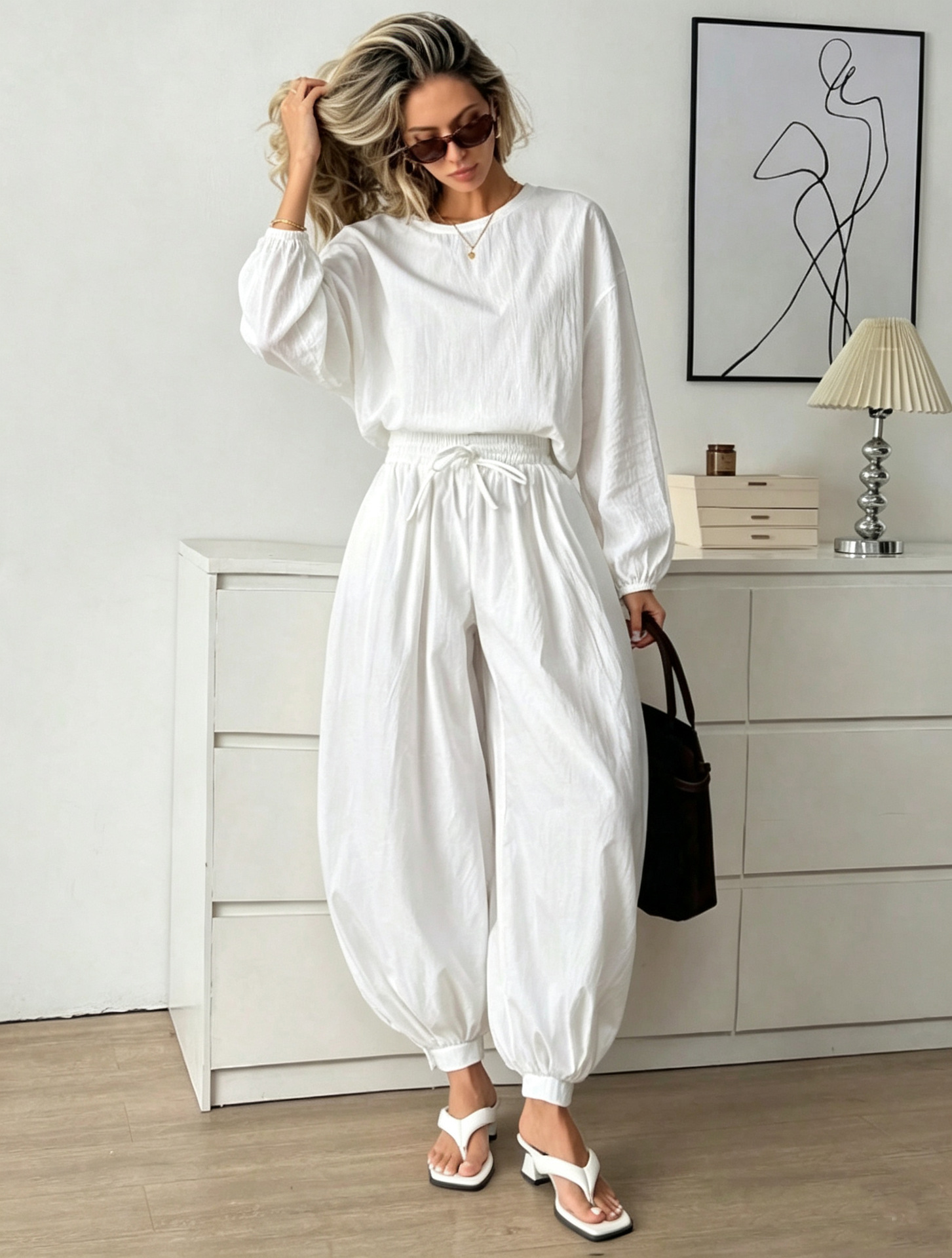 Women's Solid Color Round Neck Loose Sleeve Top and Wide-Leg Pants Two-Piece Set