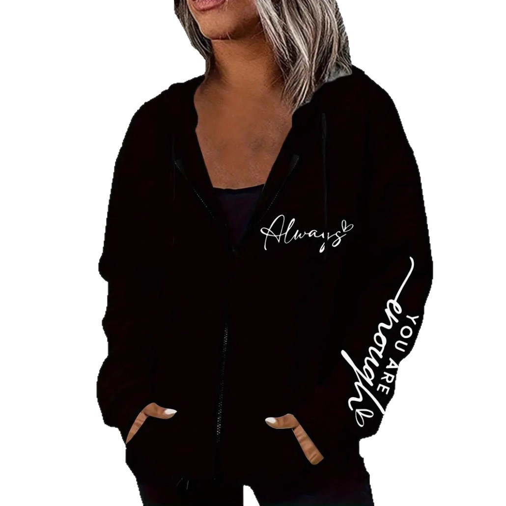 Letter Print Zip-Up Hooded Sweatshirt Jacket for Women