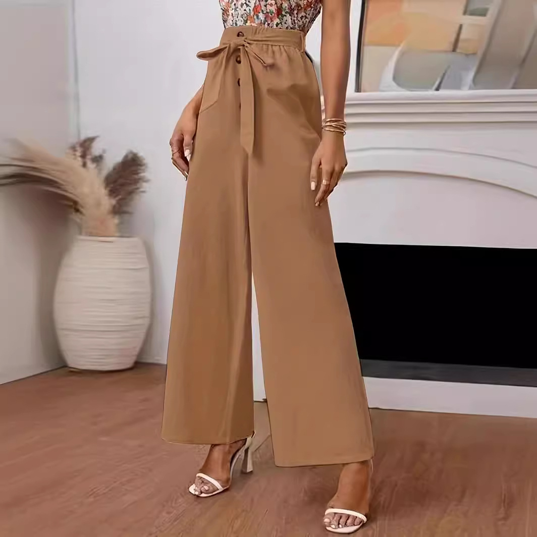 Women's Solid Cotton-Linen Wide-Leg Pants with Elastic Waist