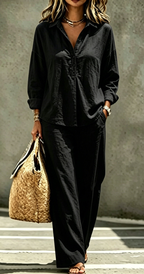 Women's French Casual Half-Button Long-Sleeve Shirt & Wide-Leg Pants Set
