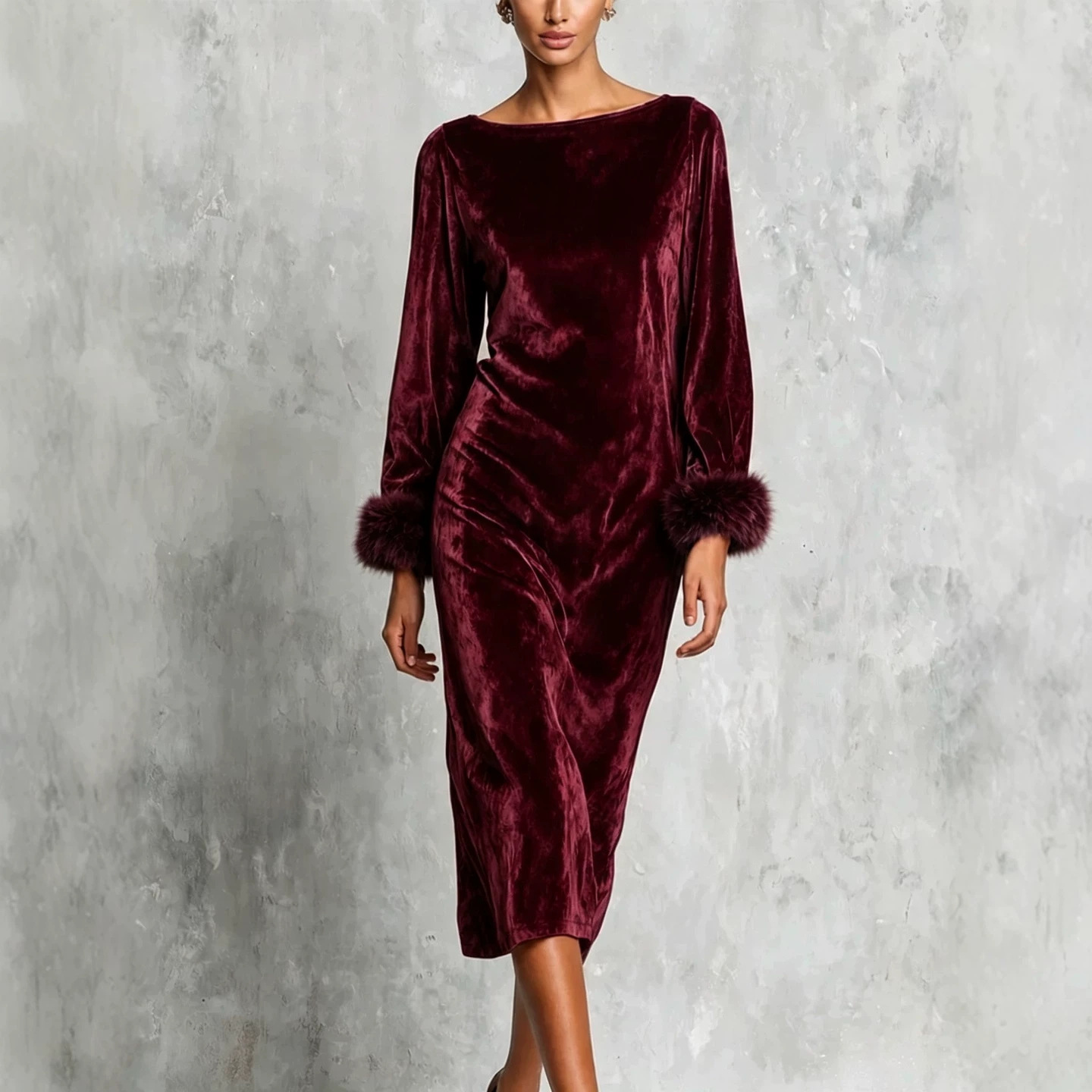 Women's Off-Shoulder Long Sleeve Faux Fur Cuff Long Dress