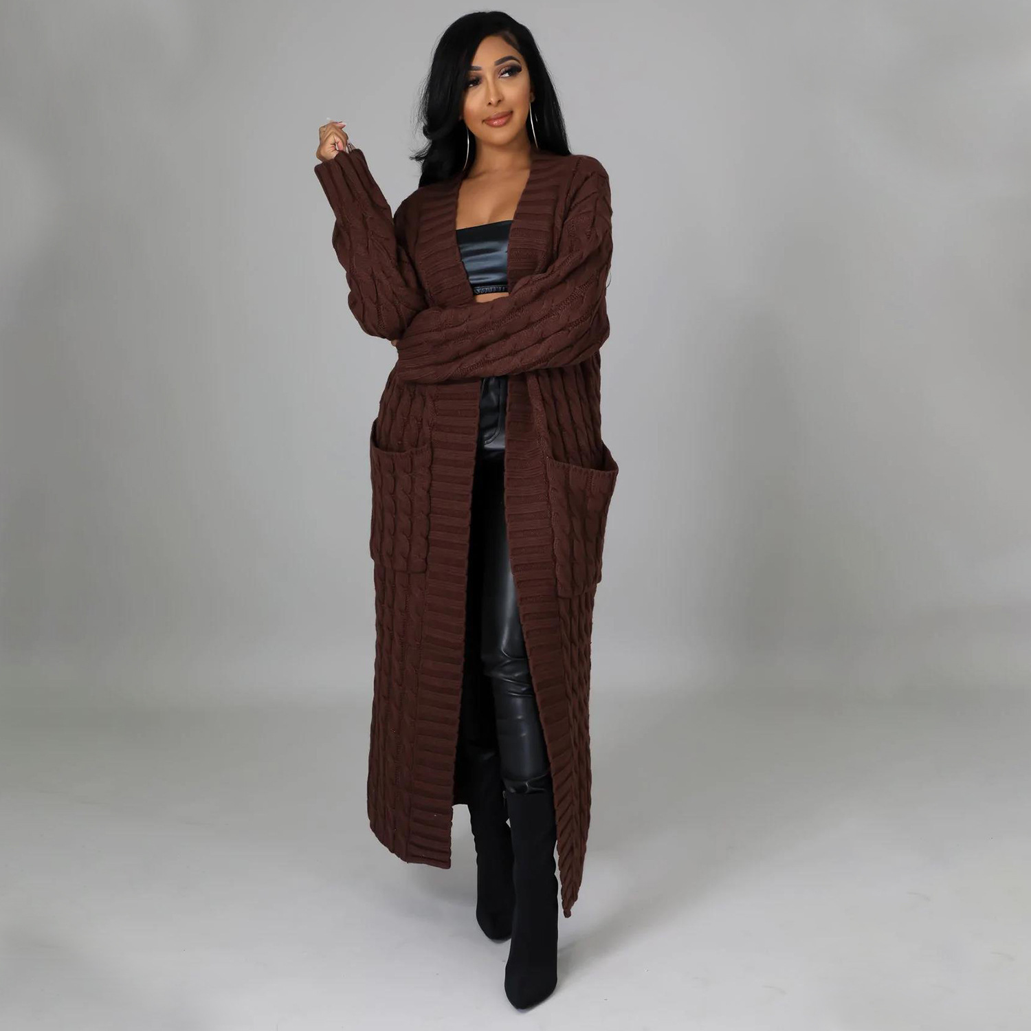 Cable-Knit Open-Front Long Cardigan with Pockets