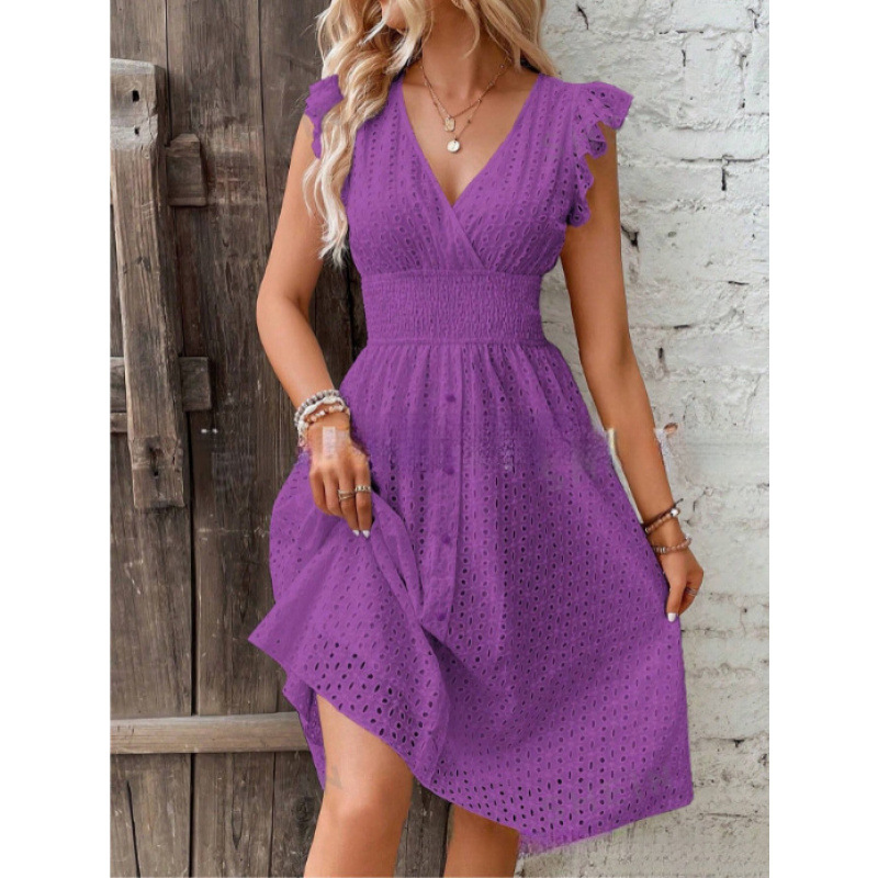 Women's Midi Dress Jacquard Hollow-Out V-Neck Slimming Plus Size Solid Color