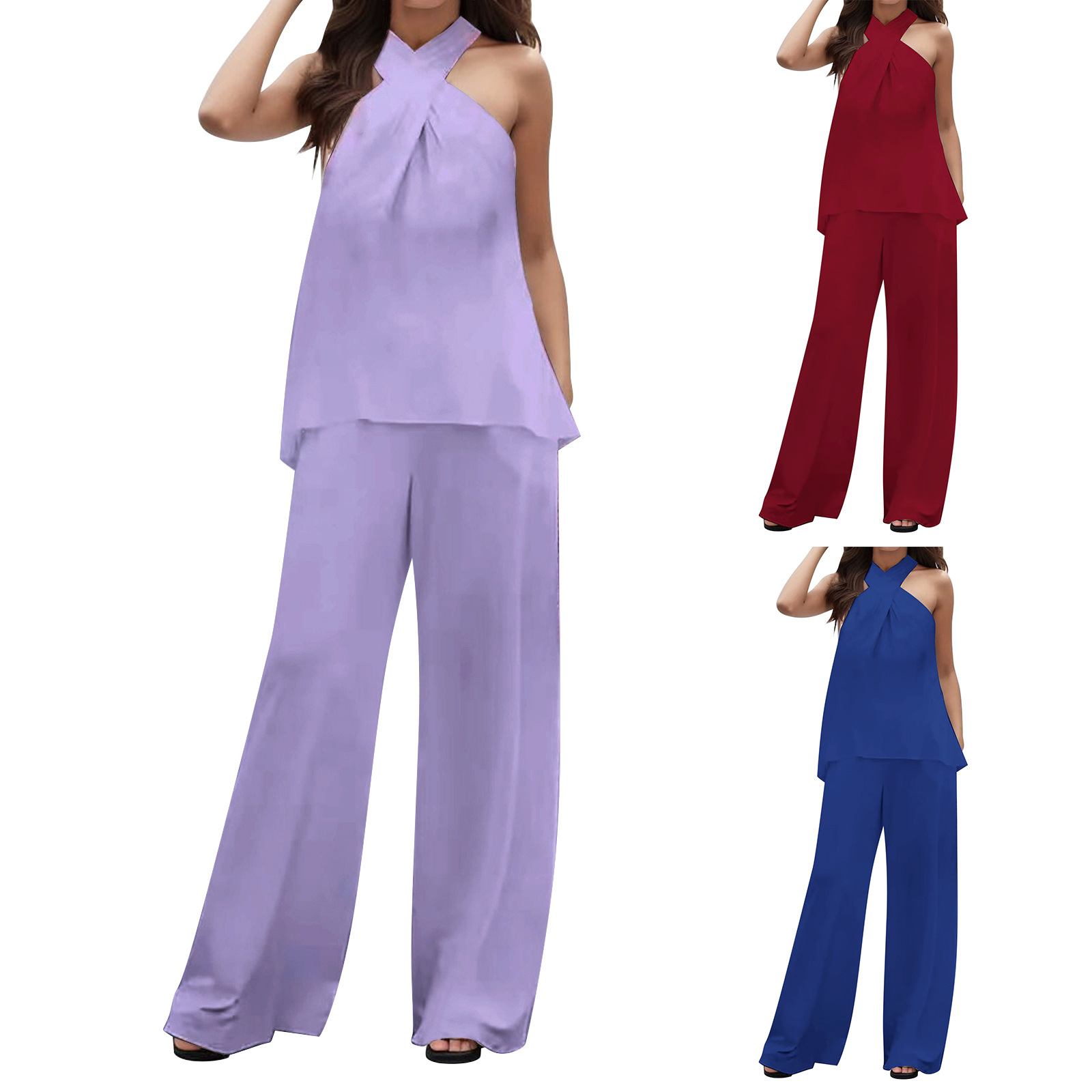 Women's Solid Color Halter V-Neck Sleeveless Top and Wide-Leg Pants Set