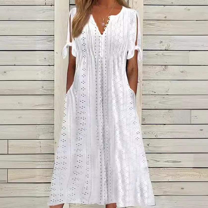 Women's Casual Loose High Waist Embroidered Solid Color Dress