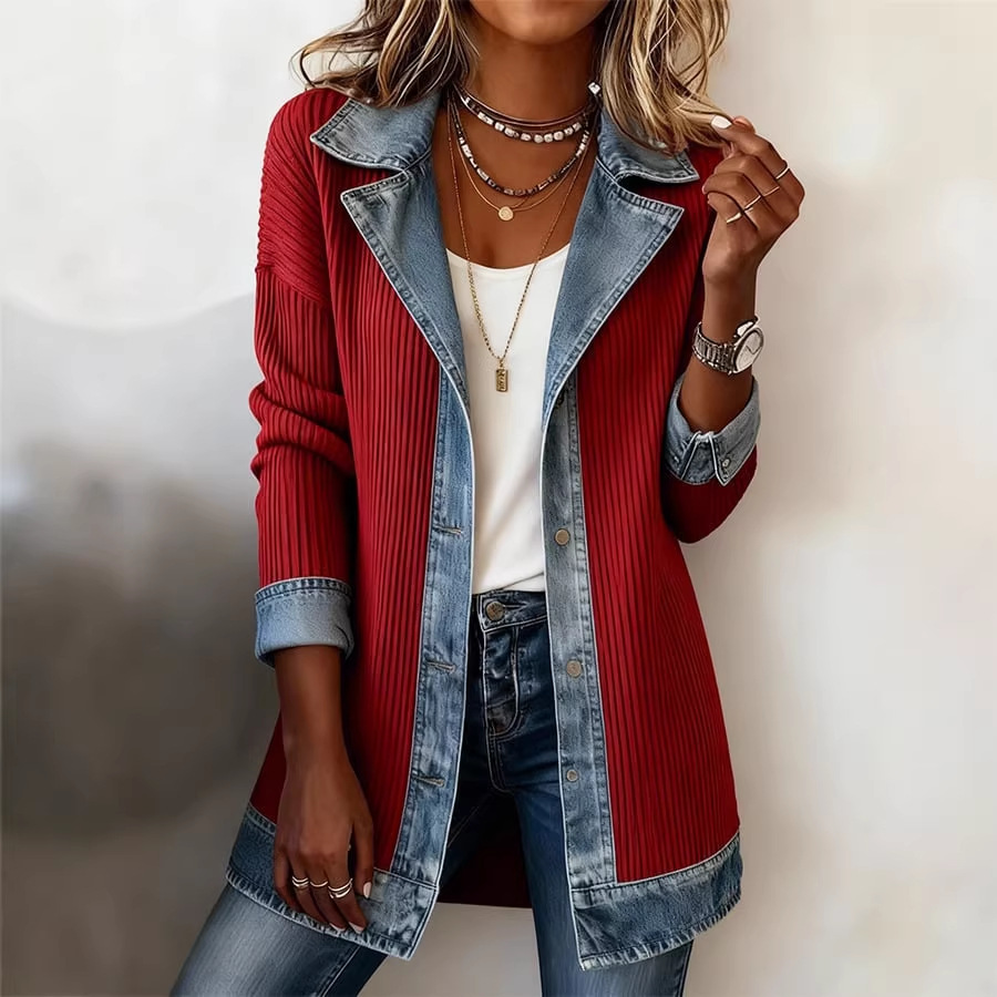 Women's Slim-Fit Long-Sleeve Colorblock Coat with Pockets