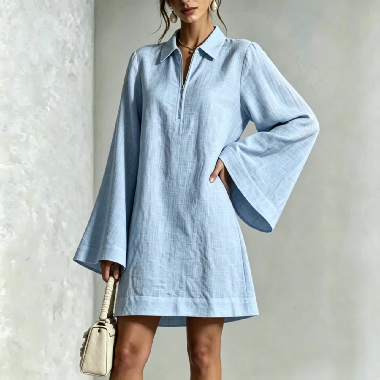 Solid Color Half-Zip Loose Long-Sleeve Casual Dress