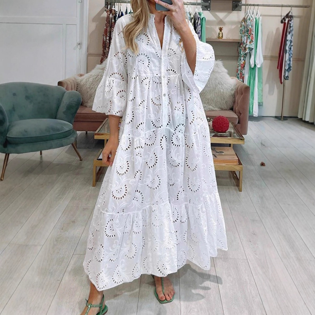 V-Neck Bell Sleeve Lace Hollow Out Solid Long Dress