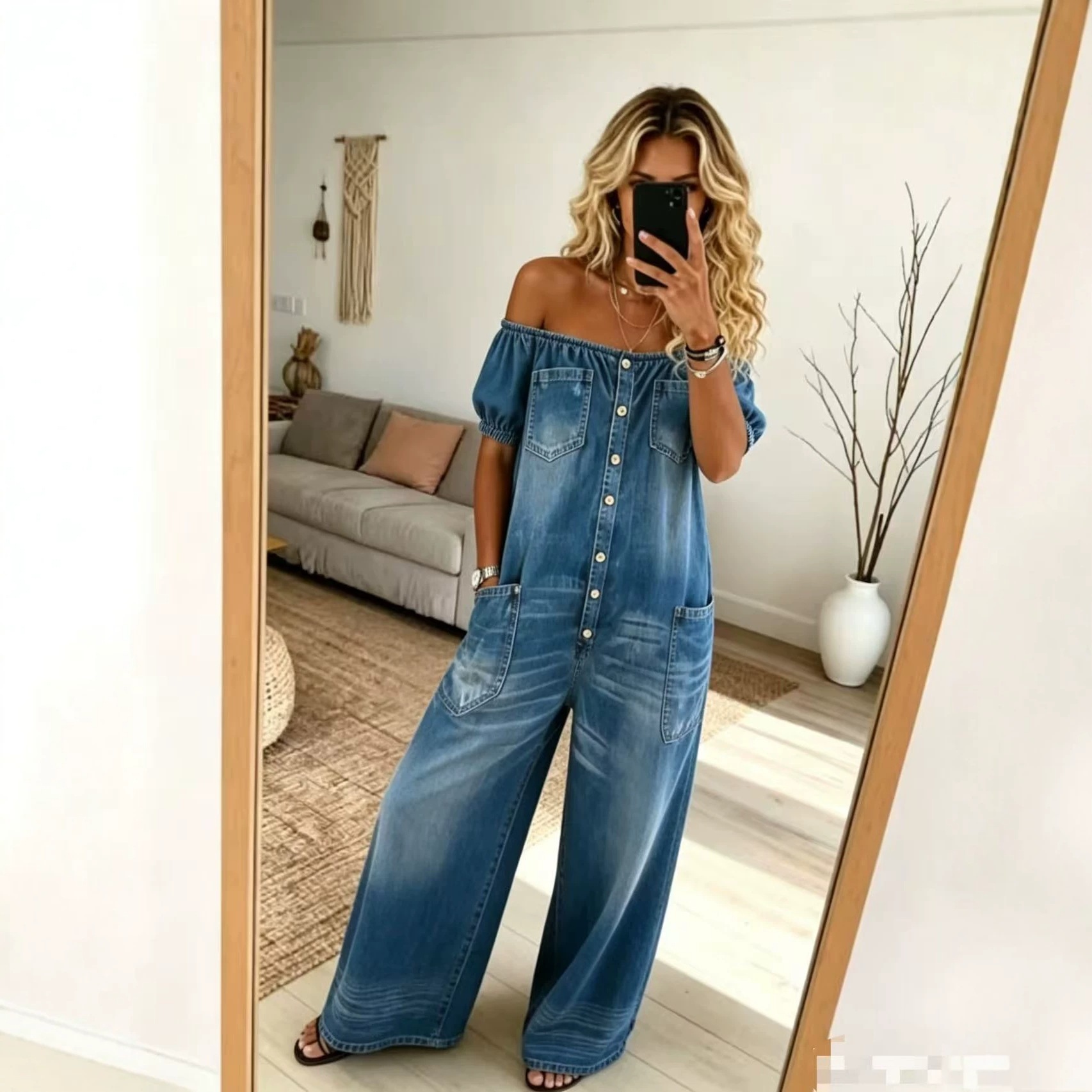 Women's Loose Vintage Denim Jumpsuit Straight Leg