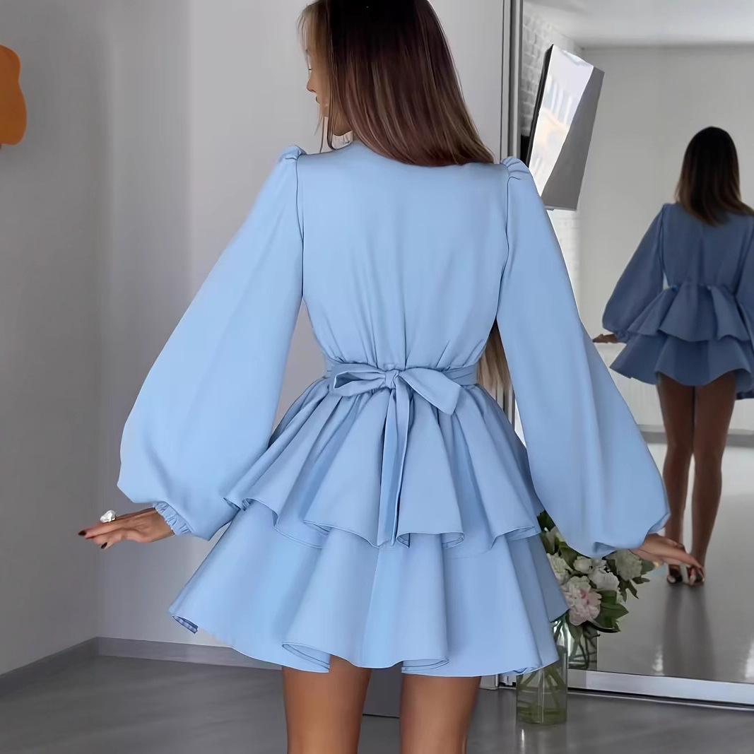 Elegant V-Neck Tie-Waist Long-Sleeve Shirt Dress