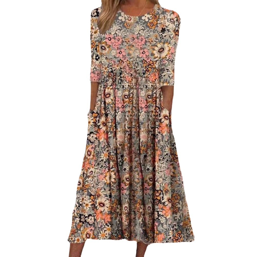 Floral Print Round Neck Half Sleeve Loose Midi Dress with Pockets