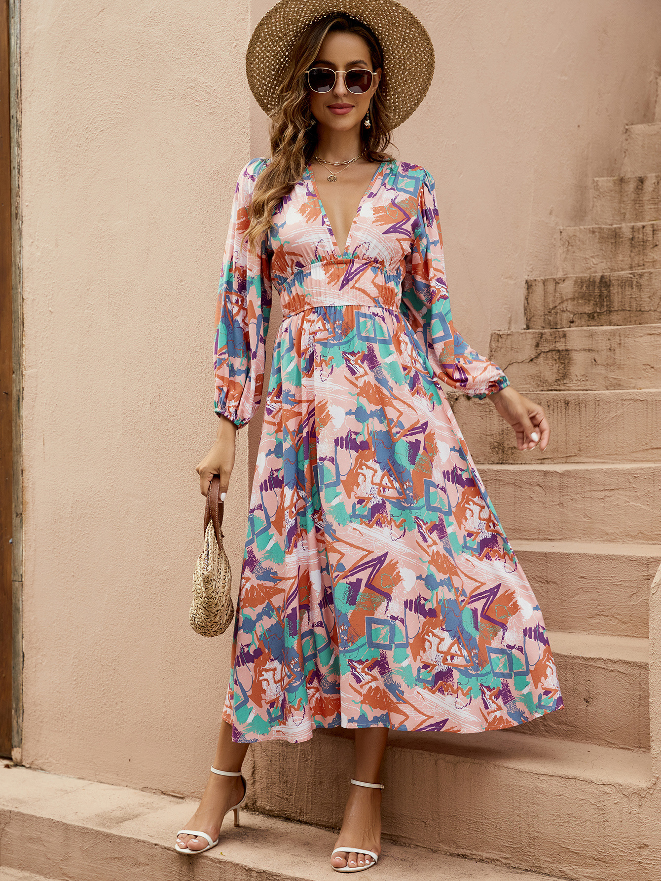 Irregular Print Deep V Waist Lantern Sleeve Maxi Dress