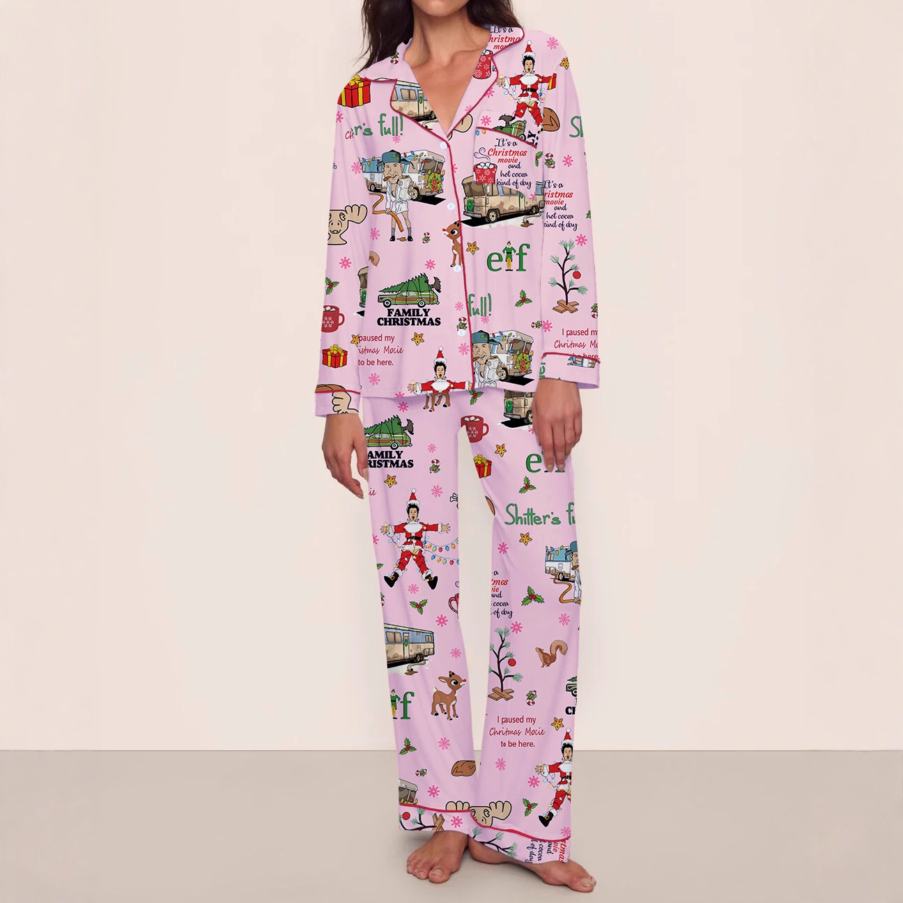 Women's Cuban Collar Tree Ribbon Bus Print Long Sleeve Shirt Set