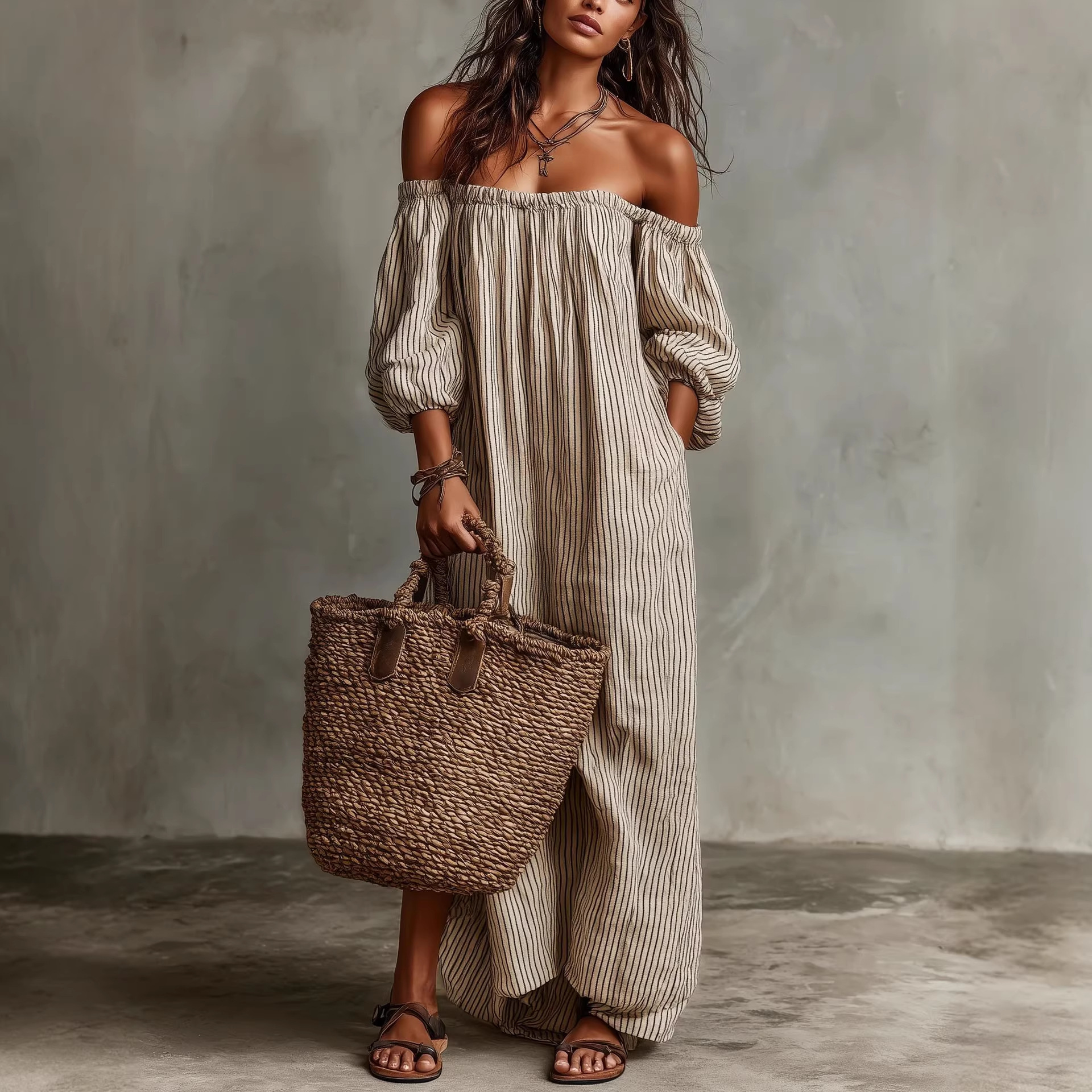 Striped Off-Shoulder Linen-Blend A-Line Maxi Dress