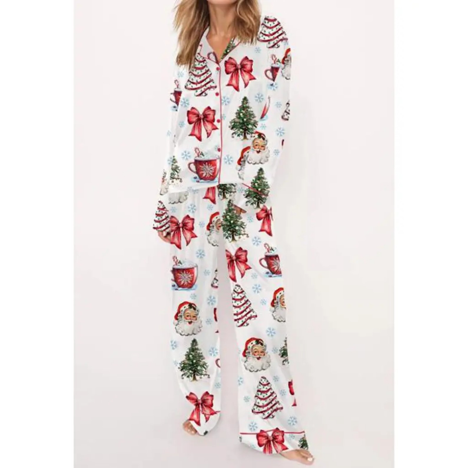 Christmas Tree Print Cuban Collar Long Sleeve Women's Shirt Set