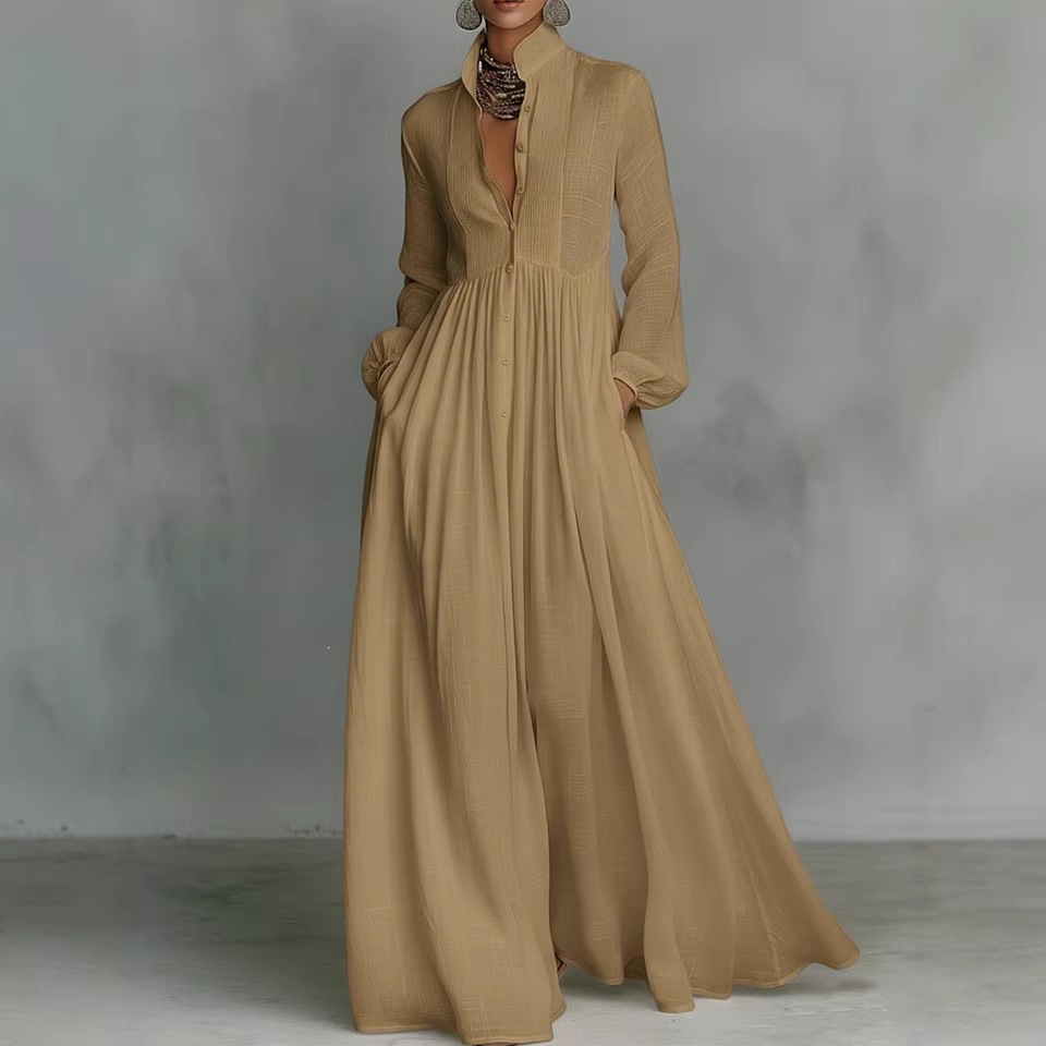 Women's Pleated Long Sleeve A-Line Maxi Dress
